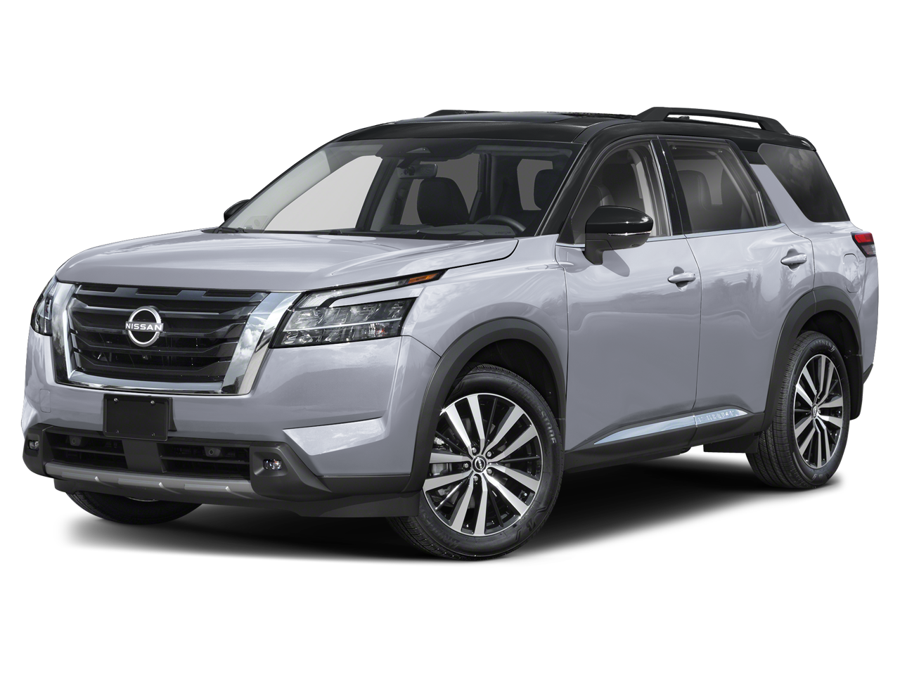 2025 Nissan Pathfinder Platinum in Boulder Gray Pearl/Super Black (Xex) — front three-quarter view